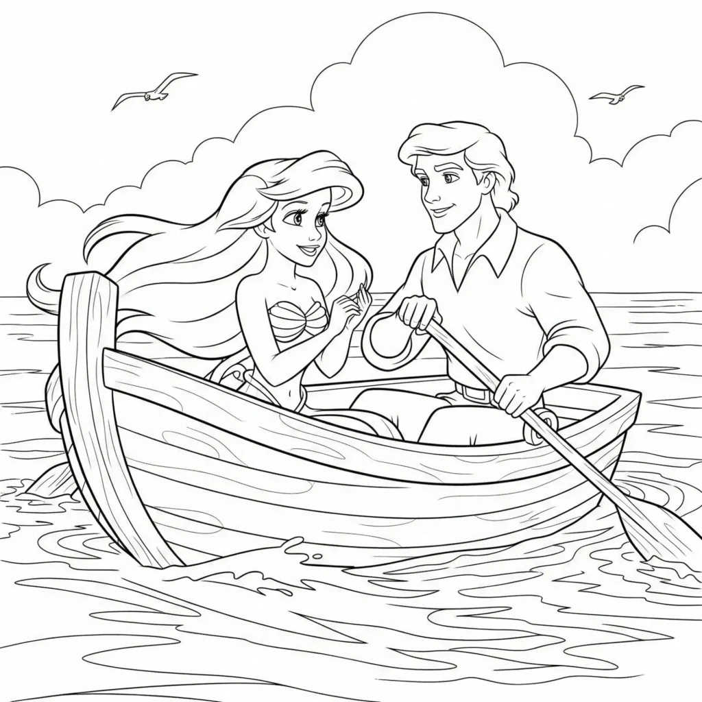 Romantisches Arielle und Prinz Erik Ausmalbild, das ihre Liebe zeigt. Ideal für Kinder, die Märchen und das Meer lieben. Kostenlos herunterladen.