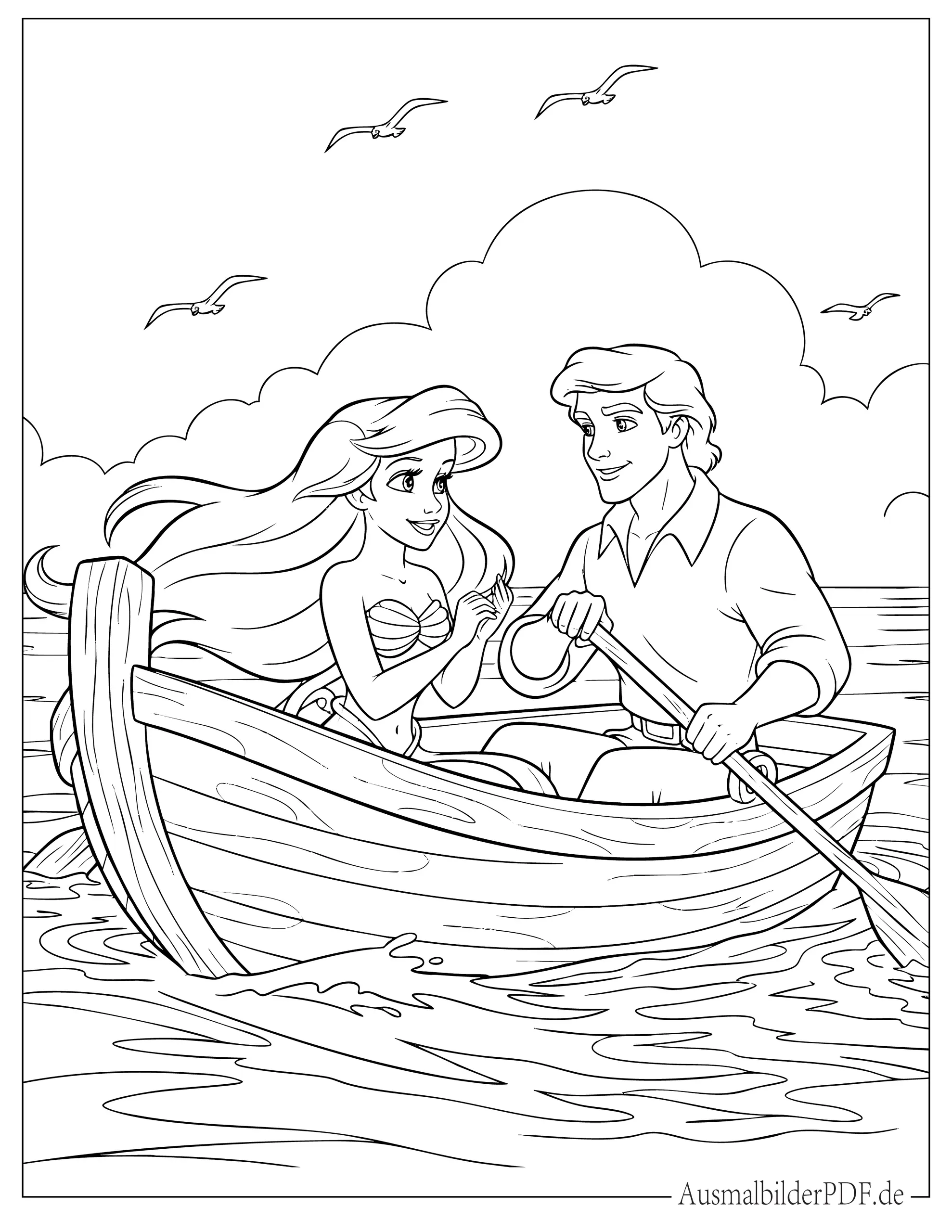 Arielle Ausmalbilder (Kostenlos Malvorlagen zum Ausdrucken) Prinzessin Arielle und Prinz Eric im Ruderboot Ausmalbild