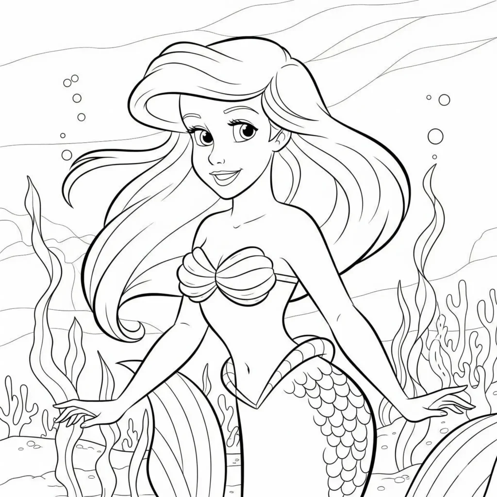 Entdecke dieses wunderschöne Arielle Ausmalbilder zum kostenlosen Ausdrucken. Perfekt für Kinder, die die kleine Meerjungfrau lieben und gerne malen.