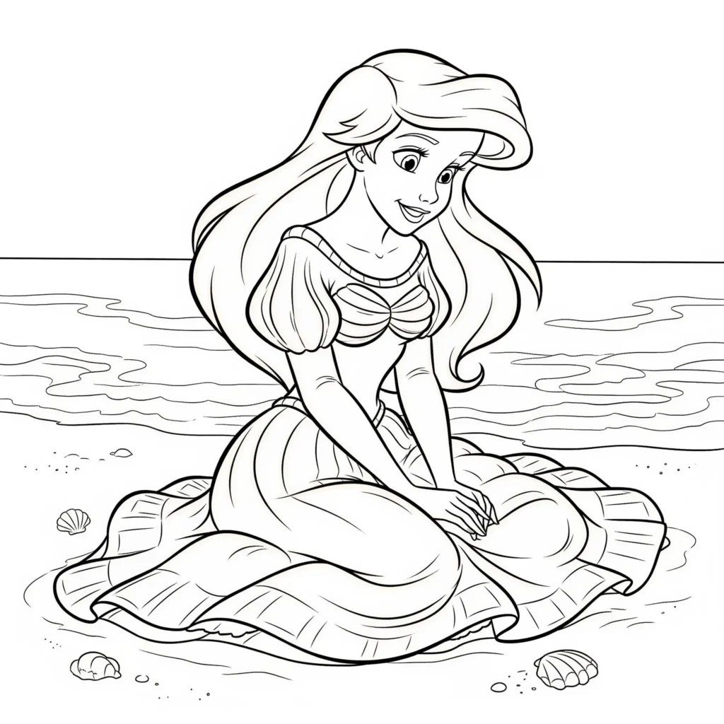 Wunderschönes Arielle am Strand Ausmalbild, das die Meerjungfrau beim Träumen zeigt. Ideal zum Ausmalen für Kinder und Arielle-Liebhaber.