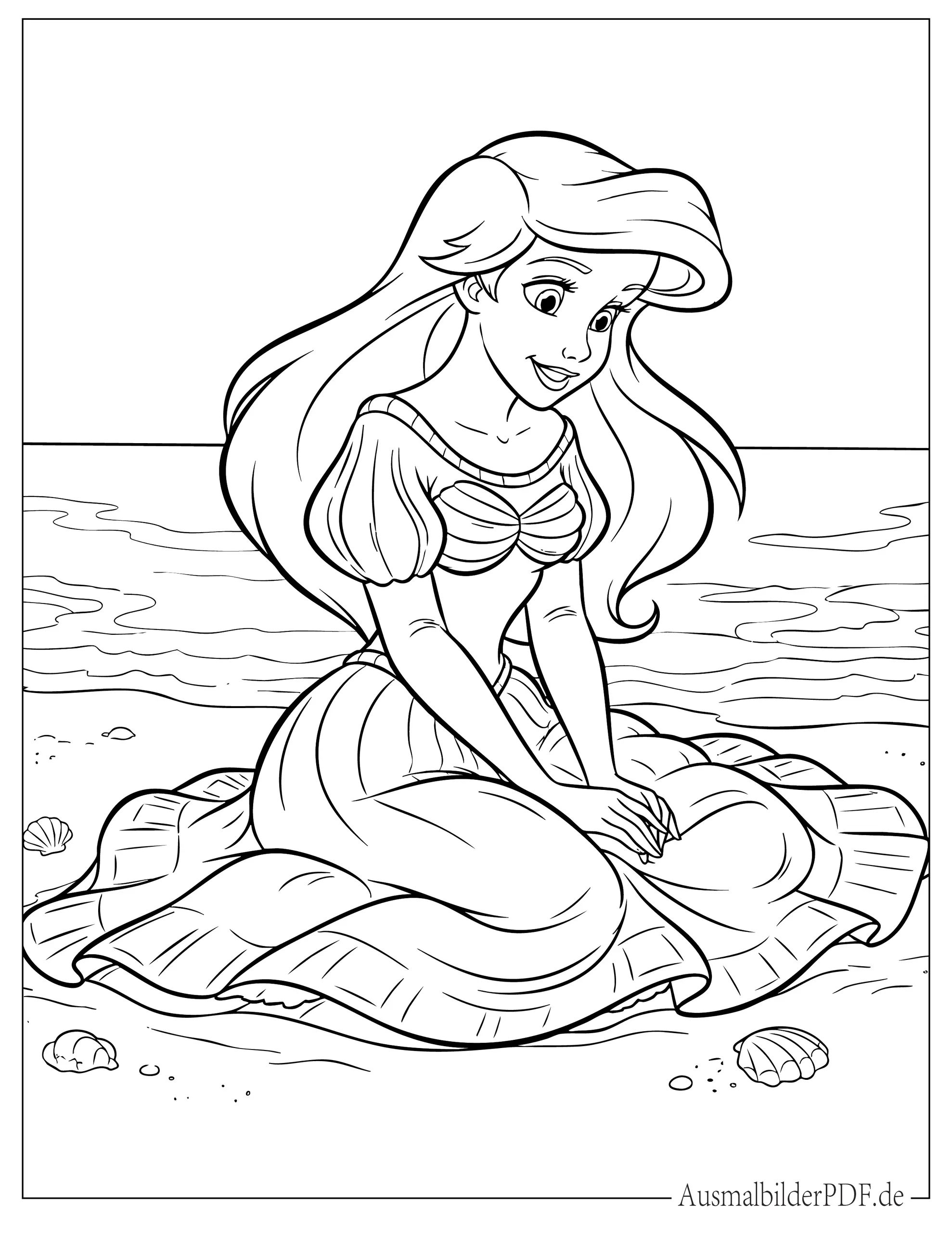 Arielle Ausmalbilder (Kostenlos Malvorlagen zum Ausdrucken) Niedliche Prinzessin Arielle träumt am Strand Ausmalbild