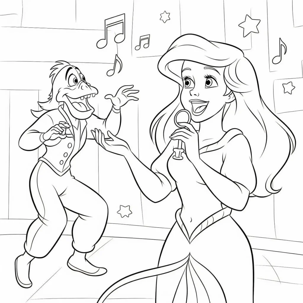 Arielle und Sebastian singen fröhlich unter dem Meer. Diese Malvorlage ist ideal für Kinder, die Musik und bunte Meeresszenen lieben.