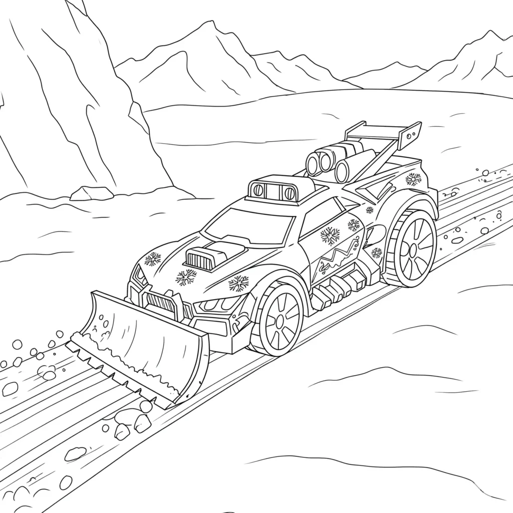 Kostenloses Hot Wheels Arctic-Auto Ausmalbild als PDF. Ideal für Kinder zum Ausmalen der winterlichen Szene mit Schneespuren.