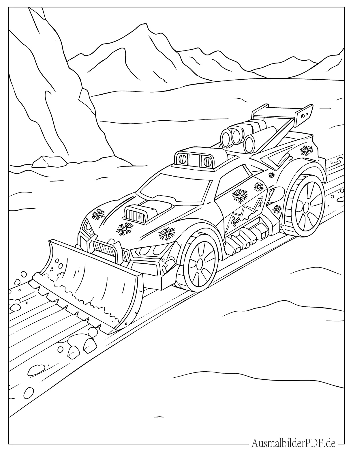 Arktisch themed Hot Wheels mit Schneespuren zum Ausmalen