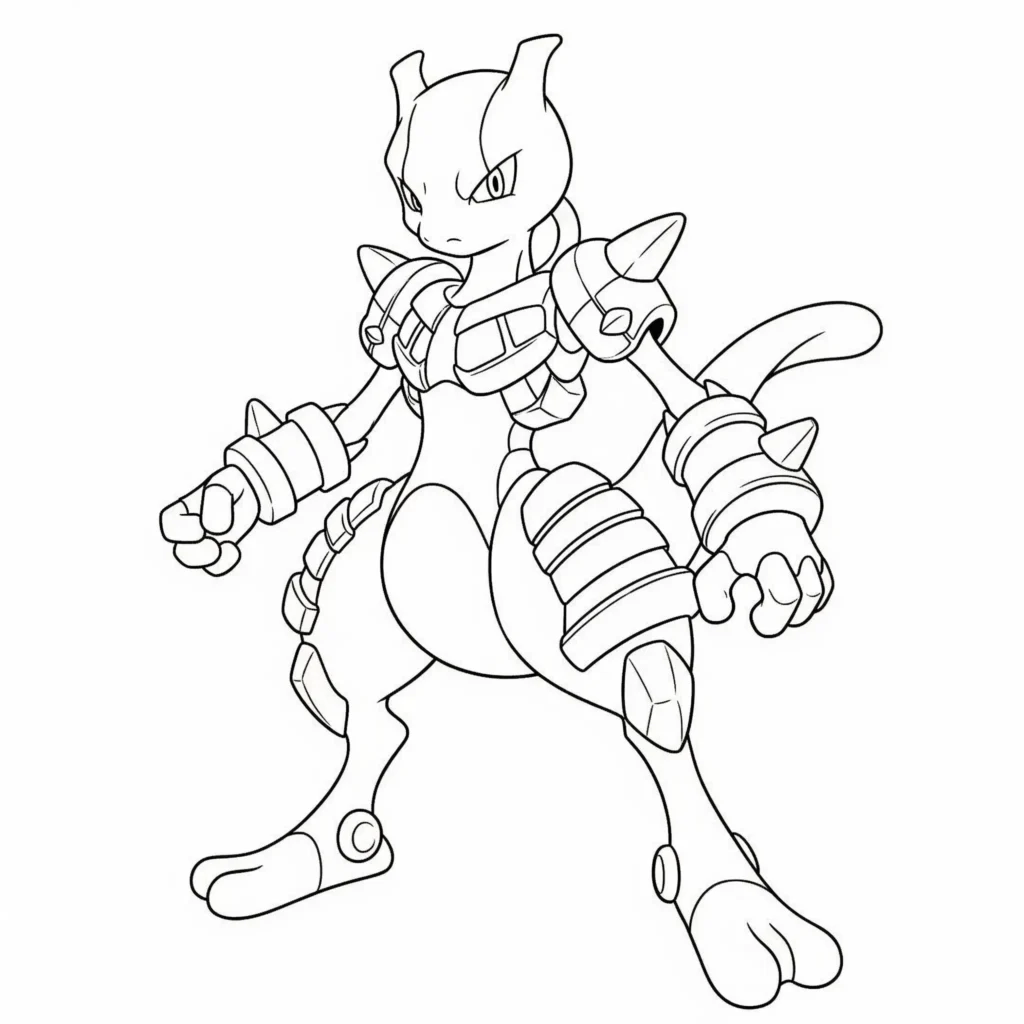 16 Mewtu Ausmalbilder (Gratis Pokémon Malvorlage zum drucken) Das gepanzerte Mewtu Ausmalbild zeigt das Wesen in starker Rüstung. Eine spannende Vorlage für Kinder, die dynamische Figuren ausmalen möchten.