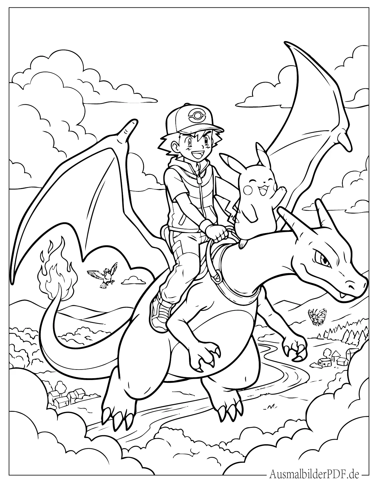 Ash und Pikachu fliegen auf Glurak Ausmalbild