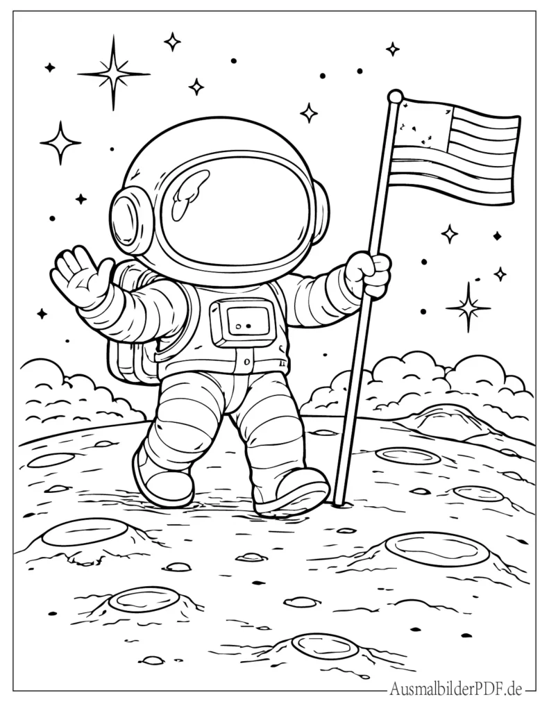 Astronaut Ausmalbild beim Mondspaziergang, spannende Malvorlage für Kinder und Erwachsene zum Ausdrucken