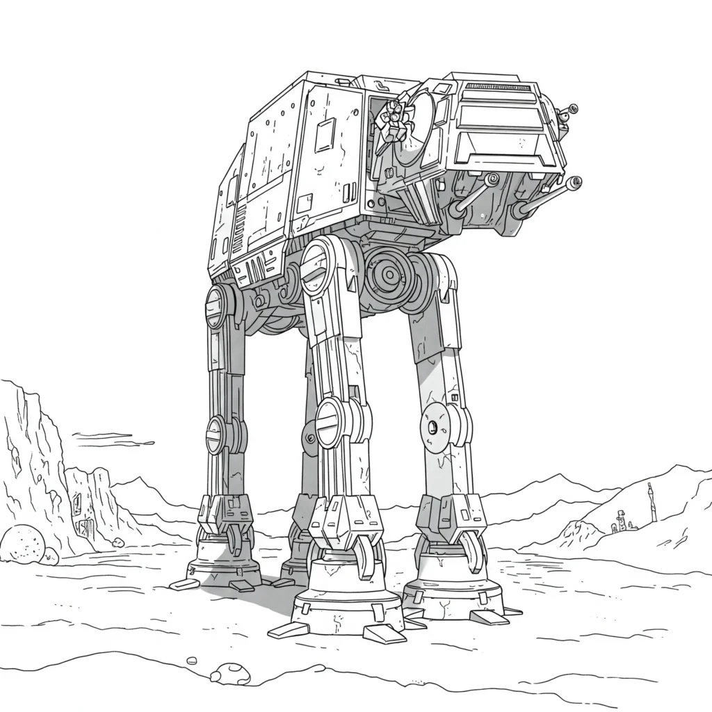 24 Star Wars Ausmalbilder (Gratis Malvorlage zum Ausdrucken) Detailliertes Ausmalbild des AT-AT Walkers auf der verschneiten Eiswelt Hoth aus Star Wars.