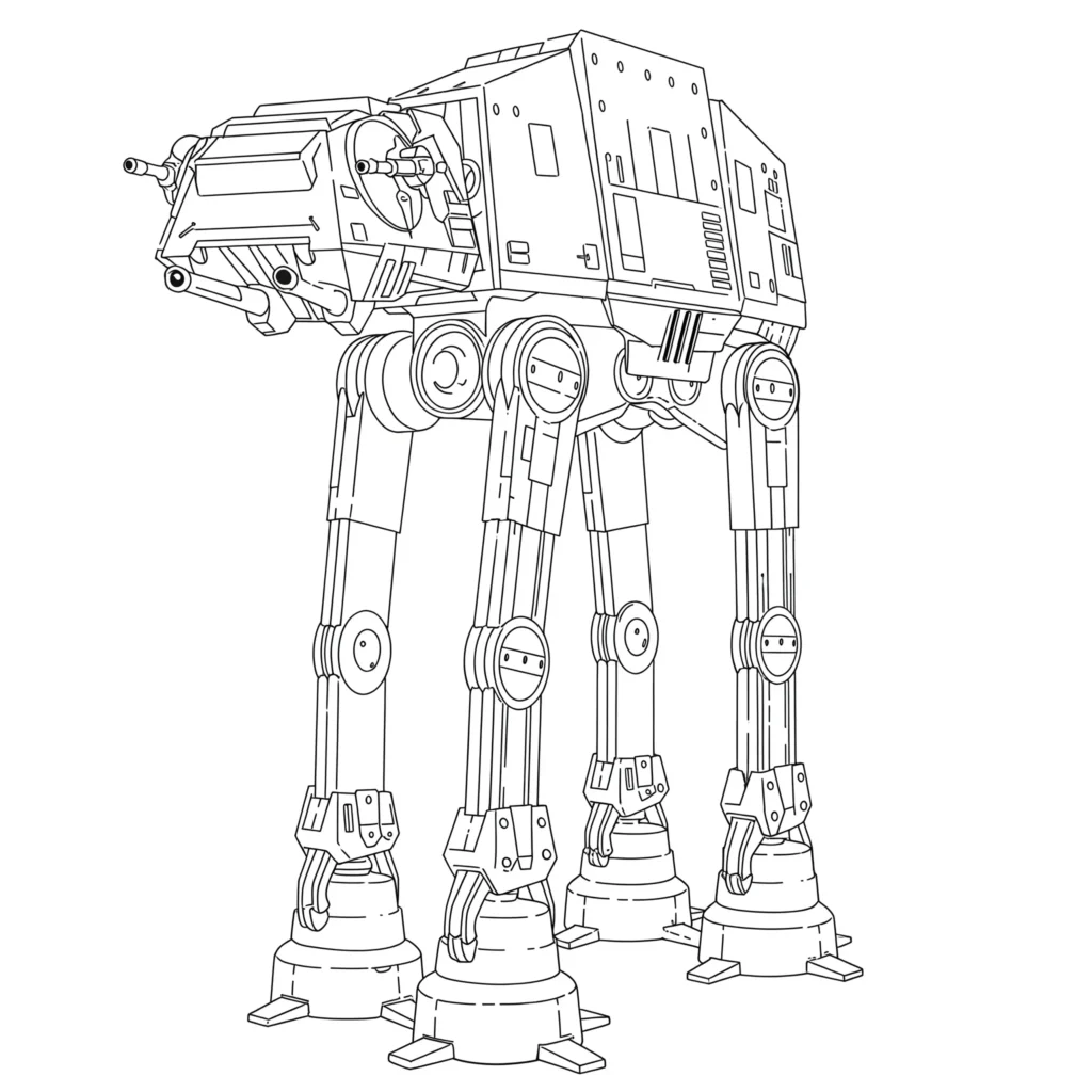 24 Star Wars Ausmalbilder (Gratis Malvorlage zum Ausdrucken) AT-AT Walker Star Wars Ausmalbild zum Ausdrucken. Ideal für Kinder, die Krieg der Sterne Fahrzeuge lieben. Perfekt als Malvorlage für Zuhause oder Schule.