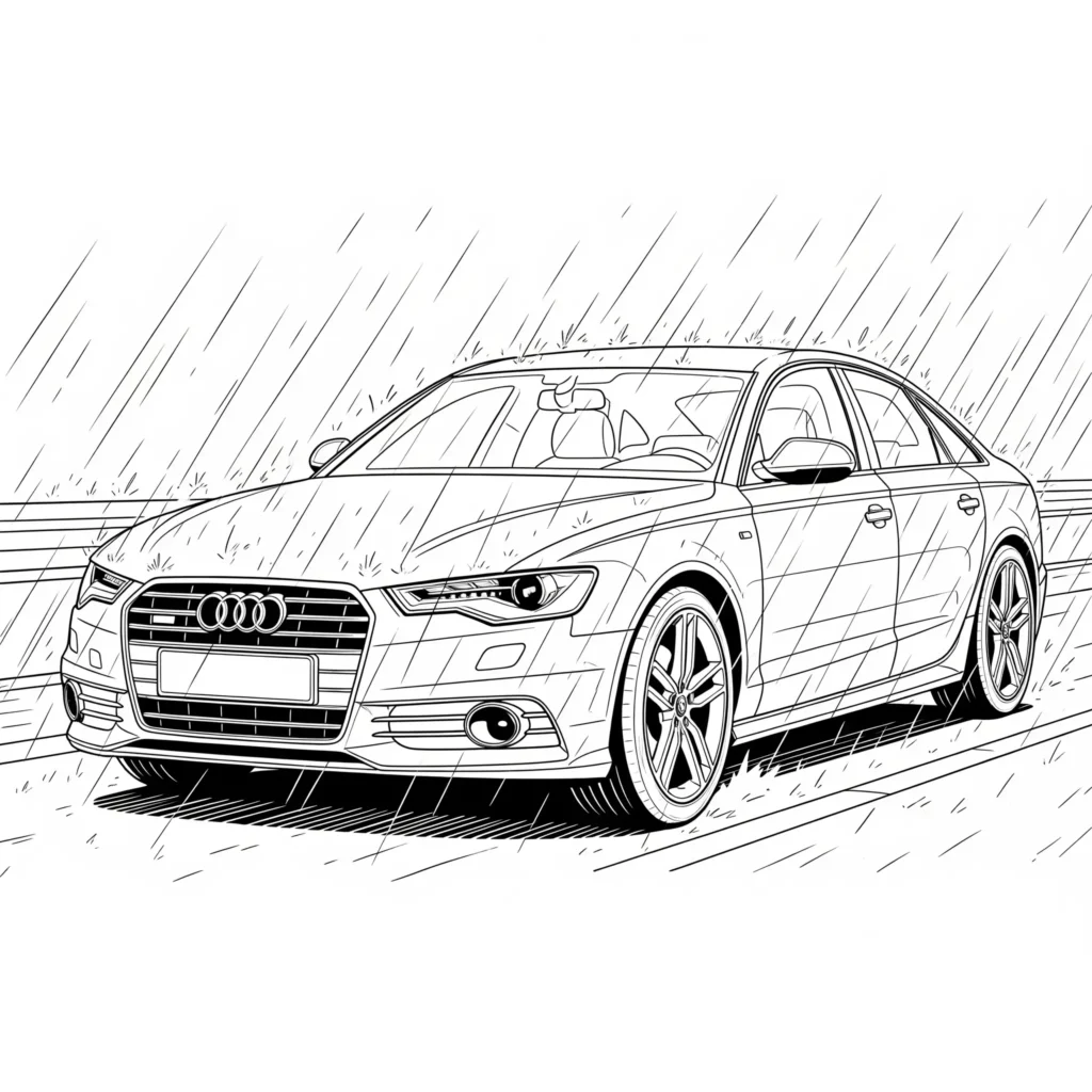 Audi A6 Ausmalbild mit Regenmotiven zum Ausdrucken und Ausmalen für Kinder.