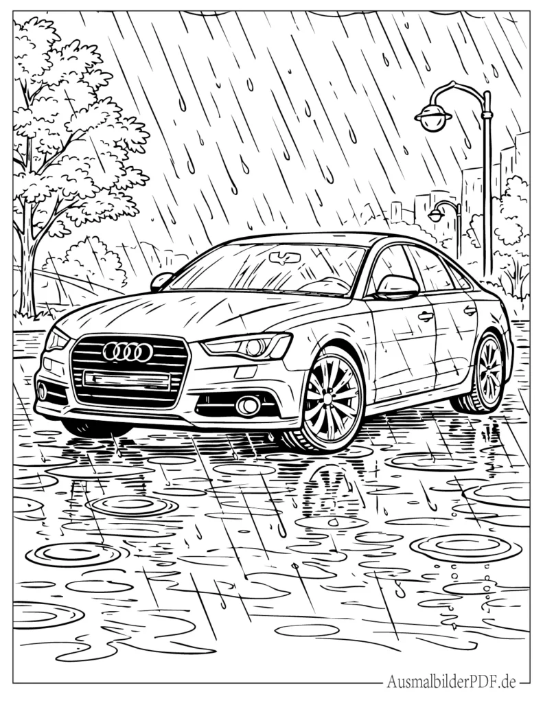 Audi A6 Ausmalbild im Regen, detailreiche Malvorlage eines Autos bei nasser Straße, ideal für Erwachsene zum Ausdrucken