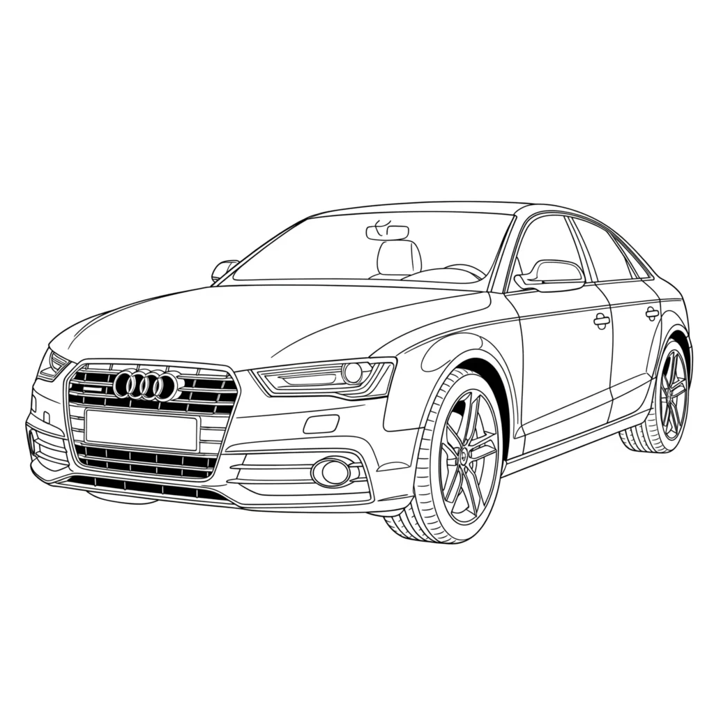 Audi Ausmalbild mit klassischem Auto zum Ausdrucken, geeignet für Kinder zum Ausmalen und Spaß haben.