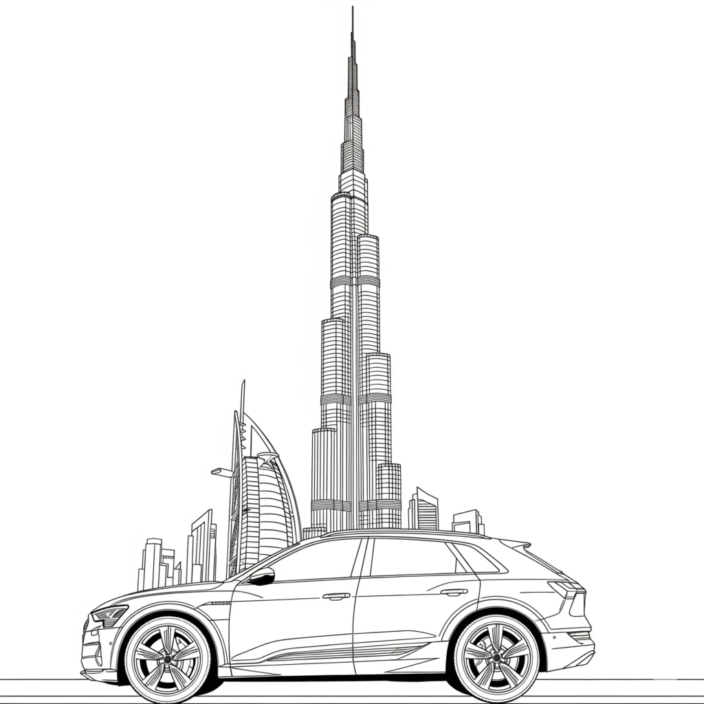 Audi e-tron Ausmalbild zum Ausdrucken, geeignet für Kinder zum Ausmalen und Spaß mit Elektroautos.
