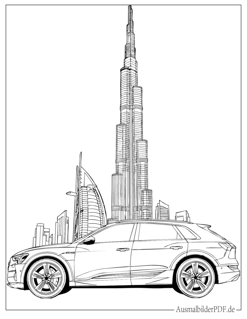 Audi e-tron Ausmalbild vor dem Burj Khalifa, detaillierte Malvorlage für Kinder und Erwachsene, ideal zum Ausdrucken