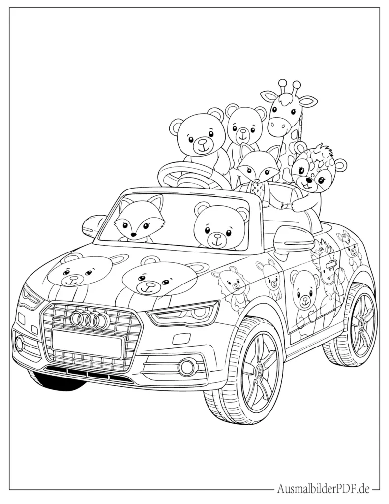 Baby Audi Spielzeugauto Ausmalbild mit Tieren, niedliche Malvorlage für Kinder zum Ausdrucken und Ausmalen