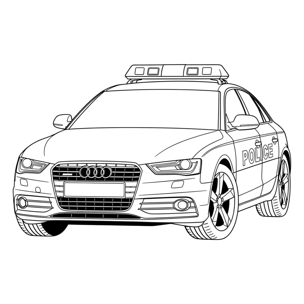Audi Polizeiauto Ausmalbild mit Blaulicht zum Ausdrucken, ideal für Kinder, die Polizei- und Autos lieben.