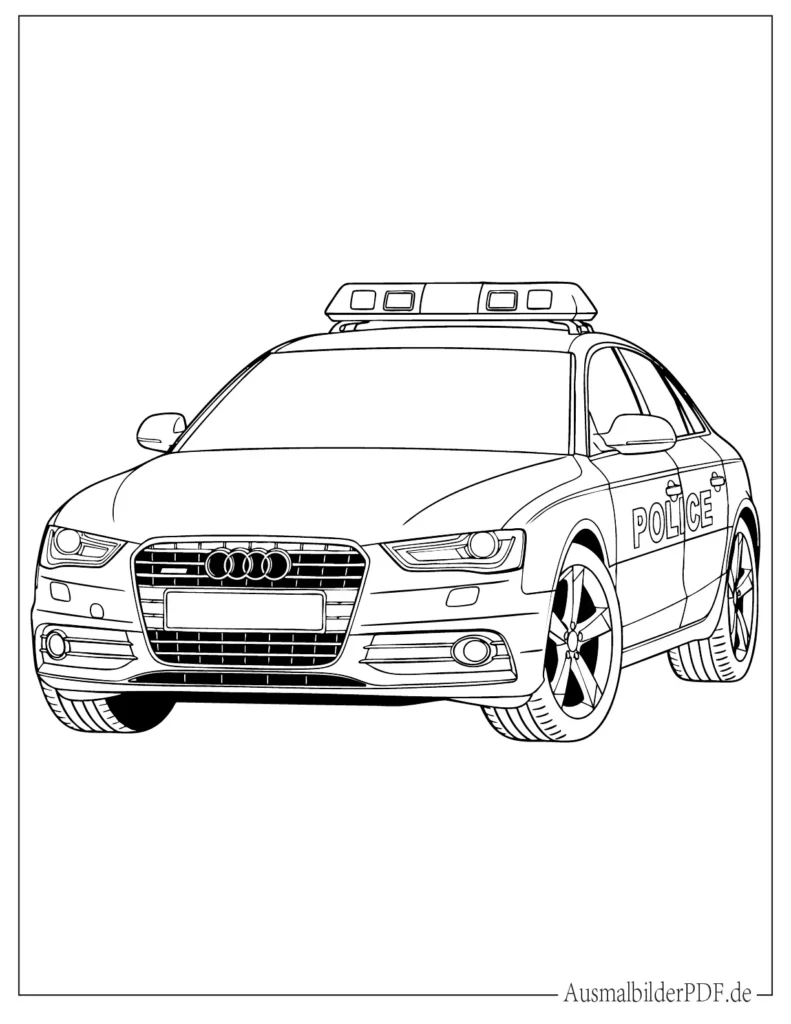 Audi Polizeiauto Ausmalbild für Kinder, einfache Malvorlage eines Einsatzfahrzeugs, ideal zum Ausdrucken und Ausmalen