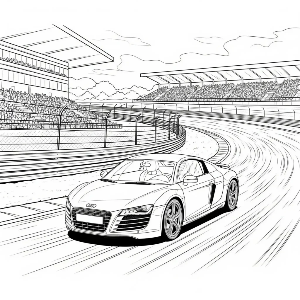 Audi R8 Rennauto Ausmalbild mit Rennstrecke zum Ausdrucken und Ausmalen, ideal für Kinder.