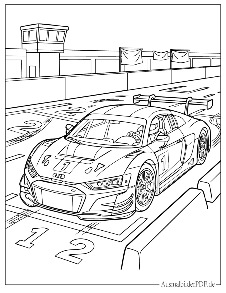 Audi Rennauto Ausmalbild für Kinder, sportliche Malvorlage mit klaren Linien, perfekt zum Ausdrucken und kreativen Ausmalen