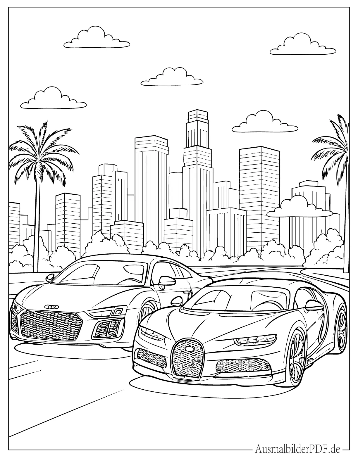 20 Bugatti Ausmalbilder (Gratis zum Ausdrucken und Ausmalen) Audi R8 und Bugatti in der Stadt zwischen Gebäuden Ausmalbild