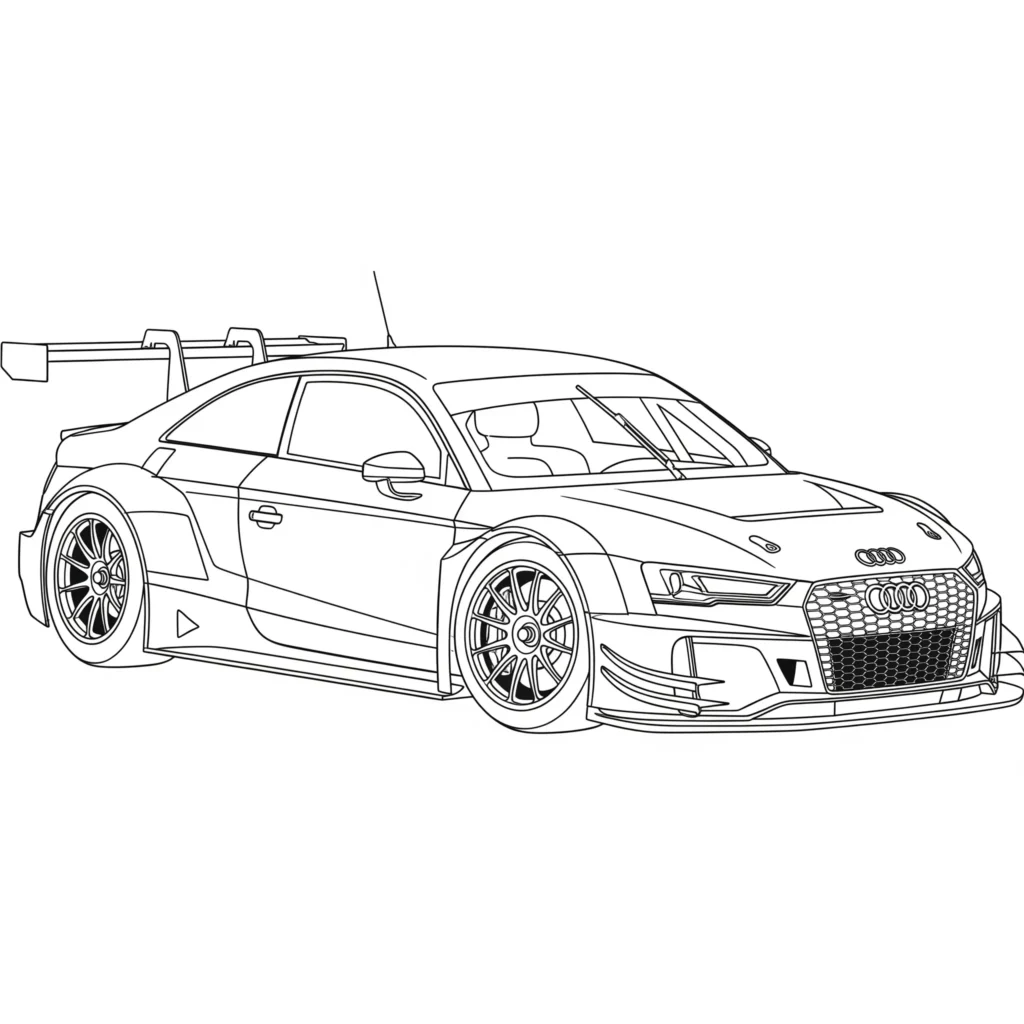 Audi Rennauto Ausmalbild zum Ausdrucken, ideal für Kinder zum Ausmalen und Rennwagen-Fans.