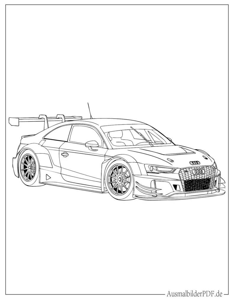 Audi Rennauto Malvorlage für Kinder, sportliches Auto Ausmalbild mit klaren Linien, perfekt zum Ausdrucken und Ausmalen