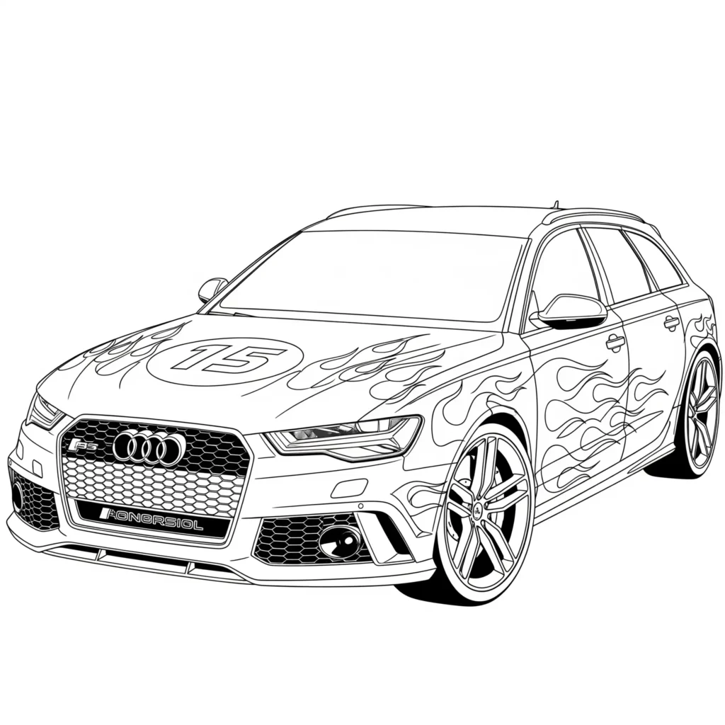 Audi RS6 Ausmalbild zum Ausdrucken, geeignet für Kinder zum Ausmalen und Autoliebhaber.