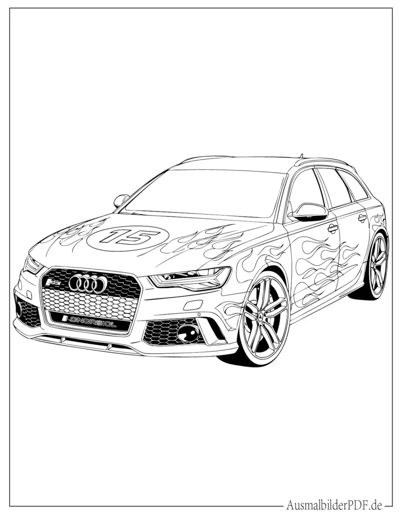Audi RS6 Ausmalbild, detaillierte Malvorlage eines sportlichen Kombis, geeignet für Kinder und Erwachsene zum Ausdrucken