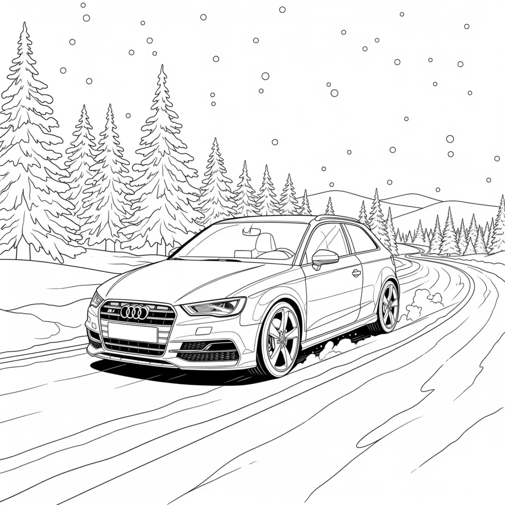 Audi S3 Ausmalbild mit verschneitem Wald zum Ausdrucken, perfekt für Kinder zum Ausmalen und Winterfans.