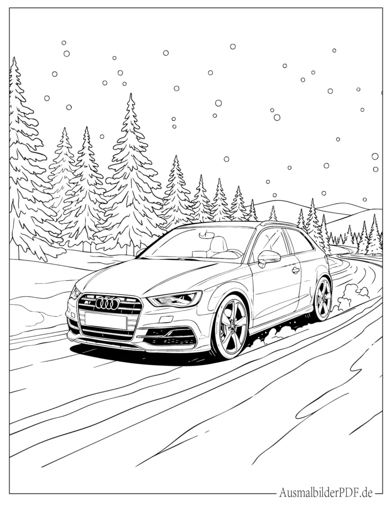 Audi S3 Ausmalbild im verschneiten Wald, detailreiche Malvorlage mit Winterlandschaft, geeignet für Kinder und Erwachsene