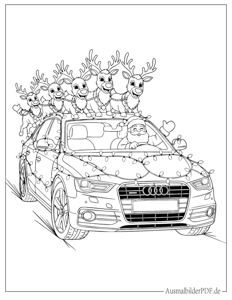 Audi Ausmalbild mit Weihnachtsmann, festliche Malvorlage für Kinder zum Ausdrucken und Ausmalen zu Weihnachten