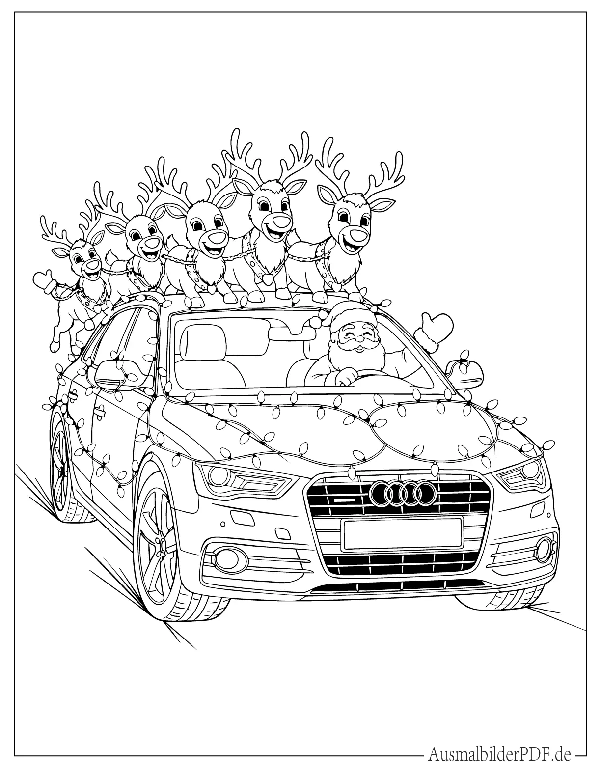 Audi Ausmalbild mit Weihnachtsmann, festliche Malvorlage für Kinder zum Ausdrucken und Ausmalen zu Weihnachten