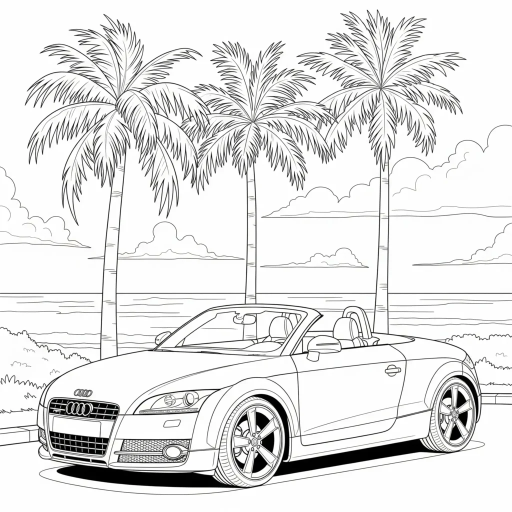 Audi TT Cabrio Ausmalbild am Strand zum Ausdrucken, ideal für Kinder zum Ausmalen und Sommerspaß.