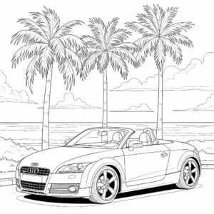 Audi TT Cabrio Ausmalbild am Strand zum Ausdrucken, ideal für Kinder zum Ausmalen und Sommerspaß.