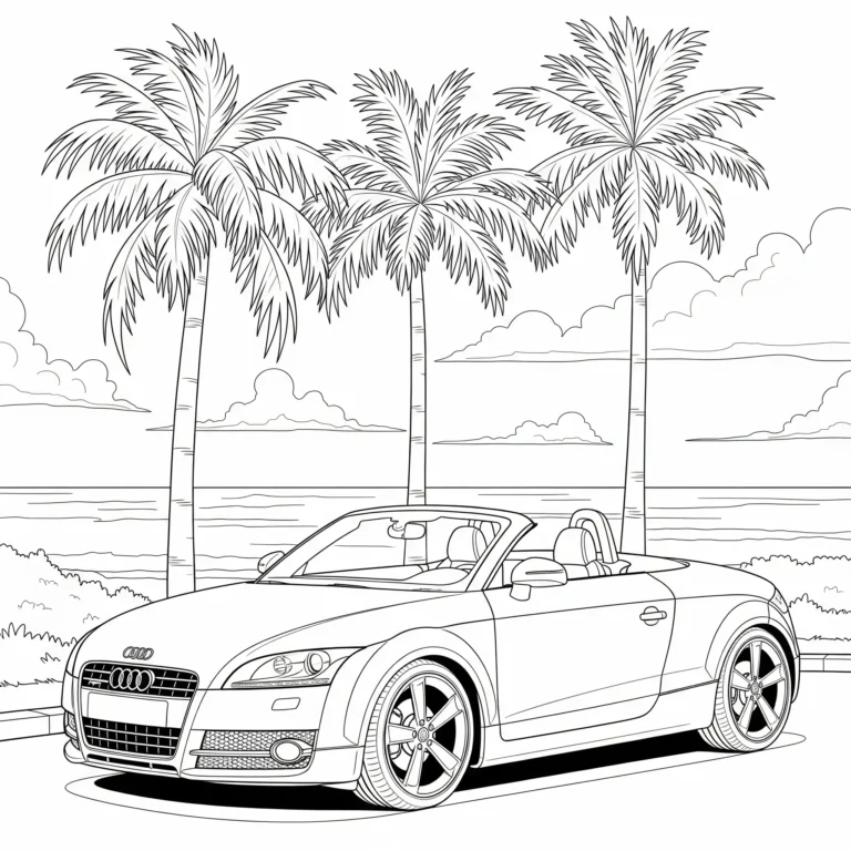 Audi TT Cabrio Ausmalbild am Strand zum Ausdrucken, ideal für Kinder zum Ausmalen und Sommerspaß.