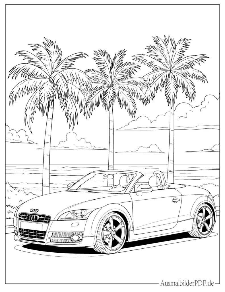 Audi TT Cabrio Ausmalbild am Strand, detaillierte Malvorlage mit Meerblick, geeignet für Kinder und Erwachsene zum Ausdrucken