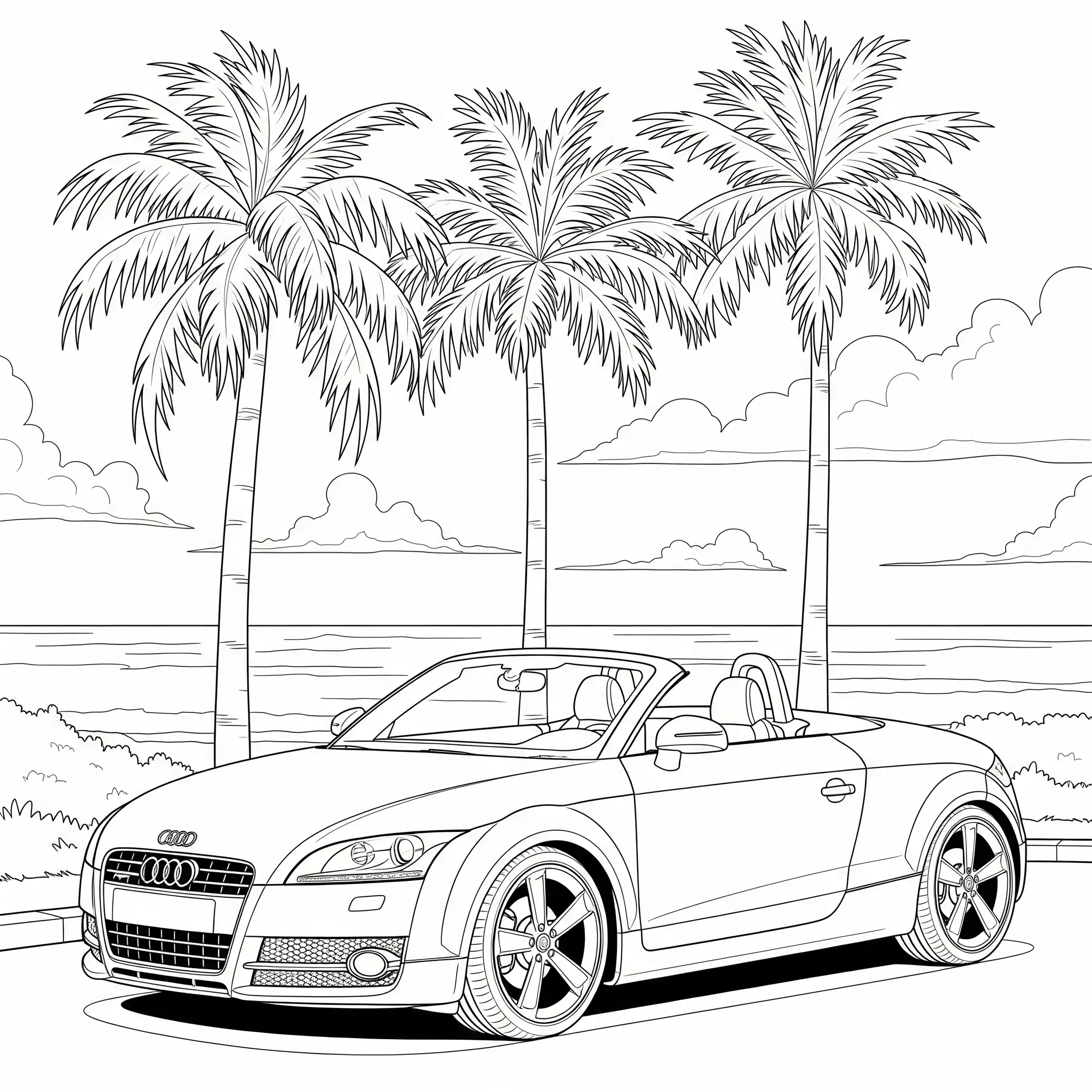 Audi TT Cabrio Ausmalbild am Strand zum Ausdrucken, ideal für Kinder zum Ausmalen und Sommerspaß.