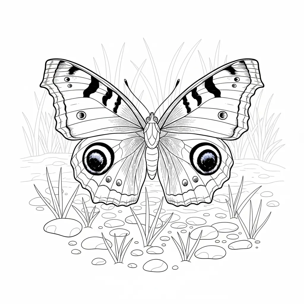 30+ Schmetterling Ausmalbilder (Gratis Malvorlage zum drucken) Ein schöner Augenfalter-Schmetterling mit auffälligen Augenflecken auf den Flügeln sitzt auf einer Blume und eignet sich perfekt zum Ausmalen.