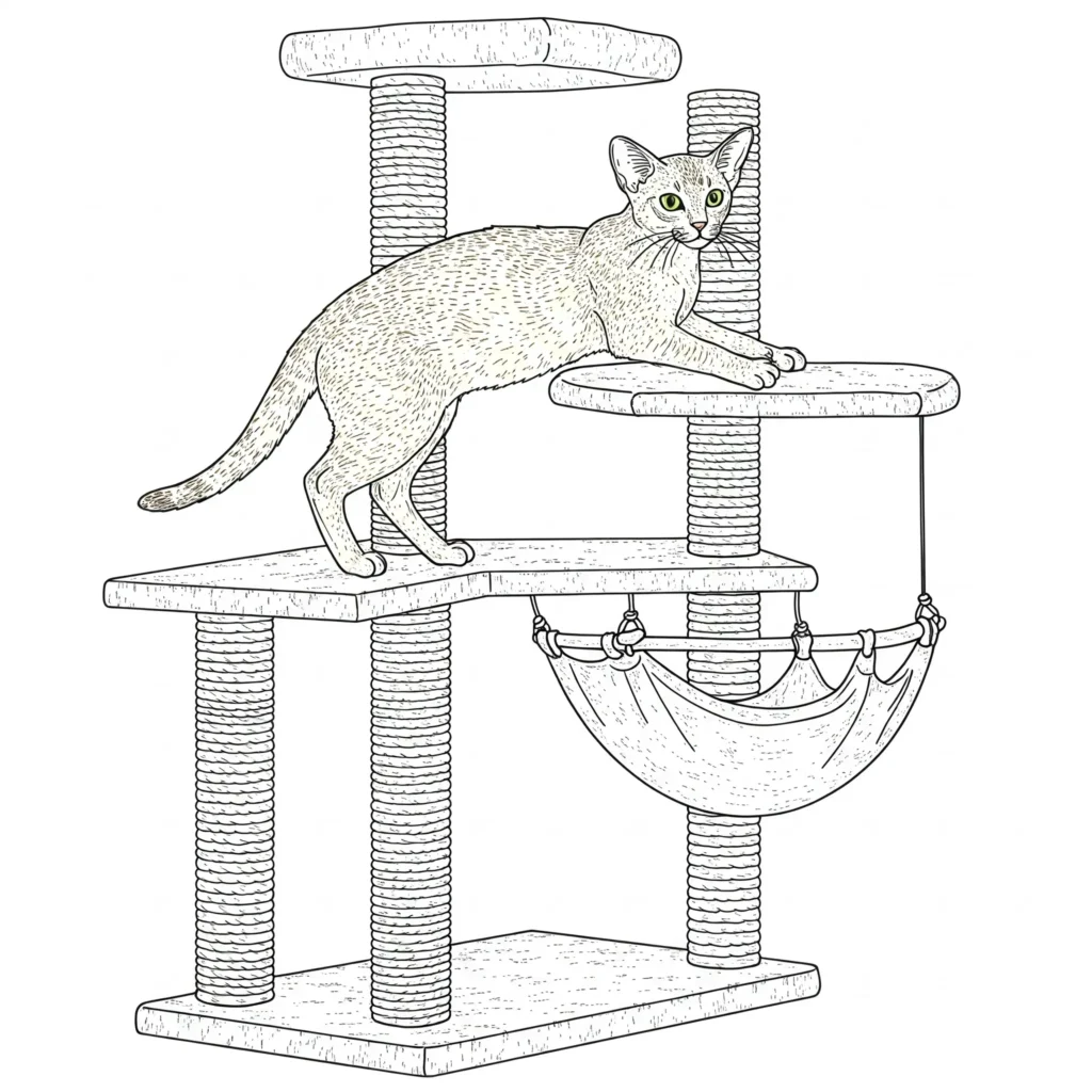 Ausmalbild einer schlanken Abessinierkatze, die einen Kratzbaum hinaufklettert