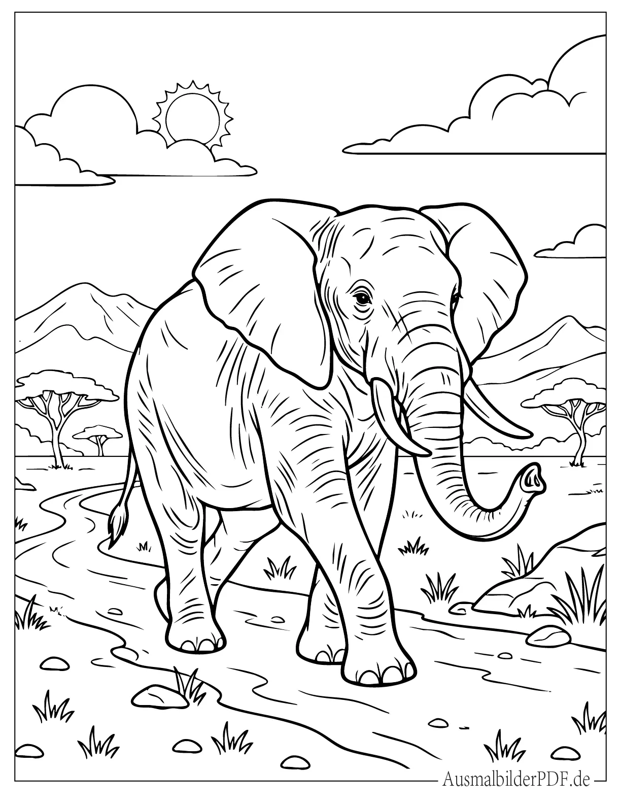 Ausmalbild Afrikanischem Buschelefant beim Laufen