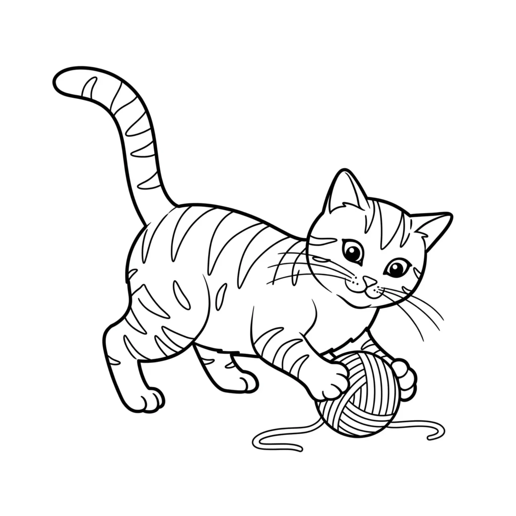 Ausmalbild einer getigerten American Shorthair Katze, die mit einem Wollknäuel spielt