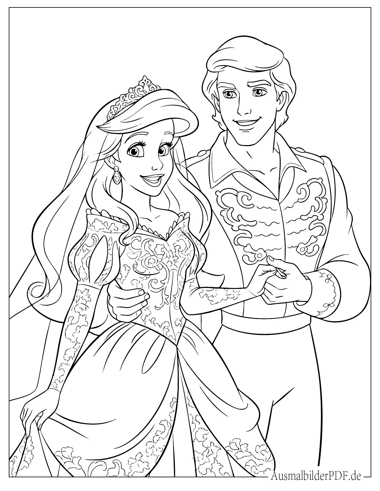 Arielle Ausmalbilder (Kostenlos Malvorlagen zum Ausdrucken) Ausmalbild von Prinzessin Arielle hält Hände mit Prinz Eric an ihrem Hochzeitstag