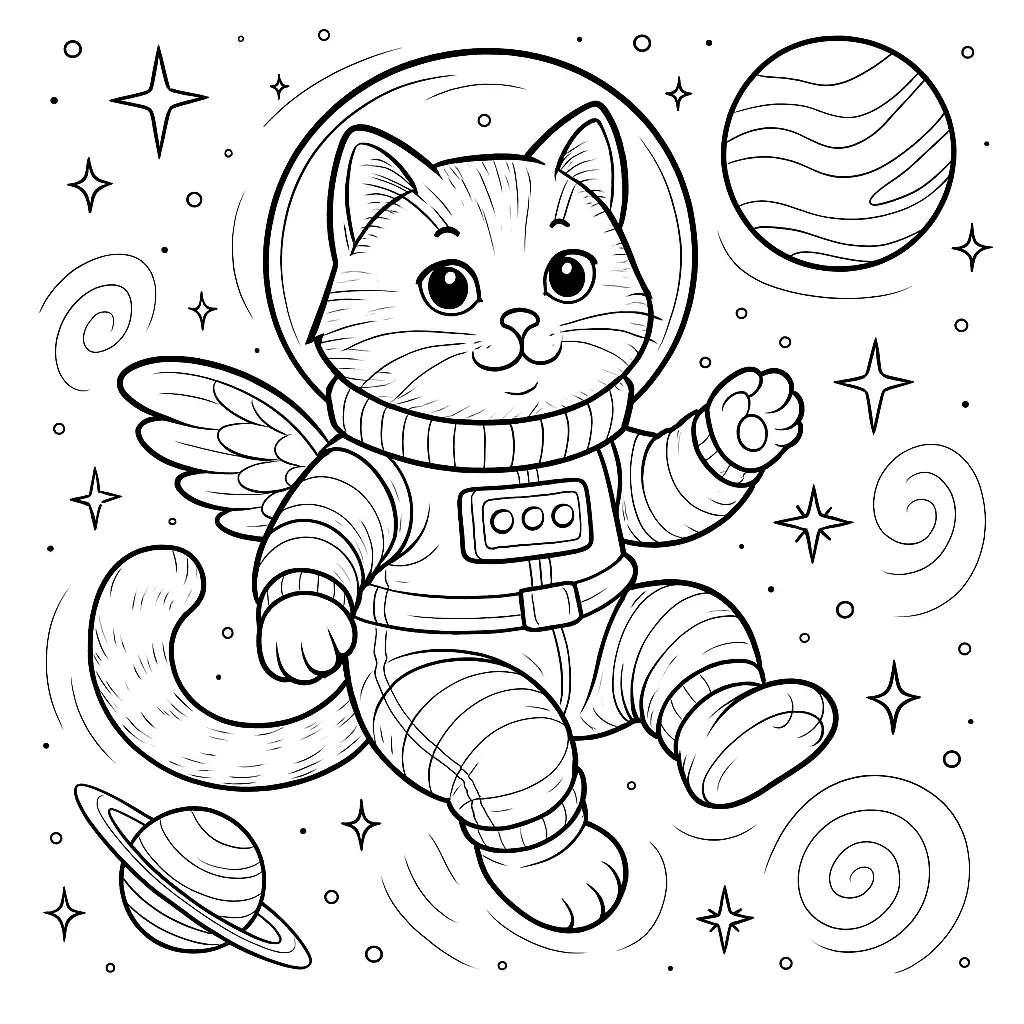 Ausmalbild einer Astronautenkatze mit Raumanzug schwebt im Weltall ohne dunklen Hintergrund