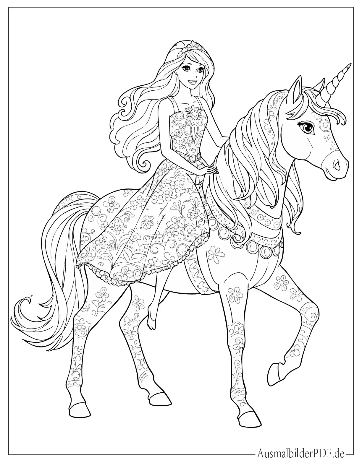Ausmalbild Barbie reitet auf einem Einhorn zum Ausdrucken