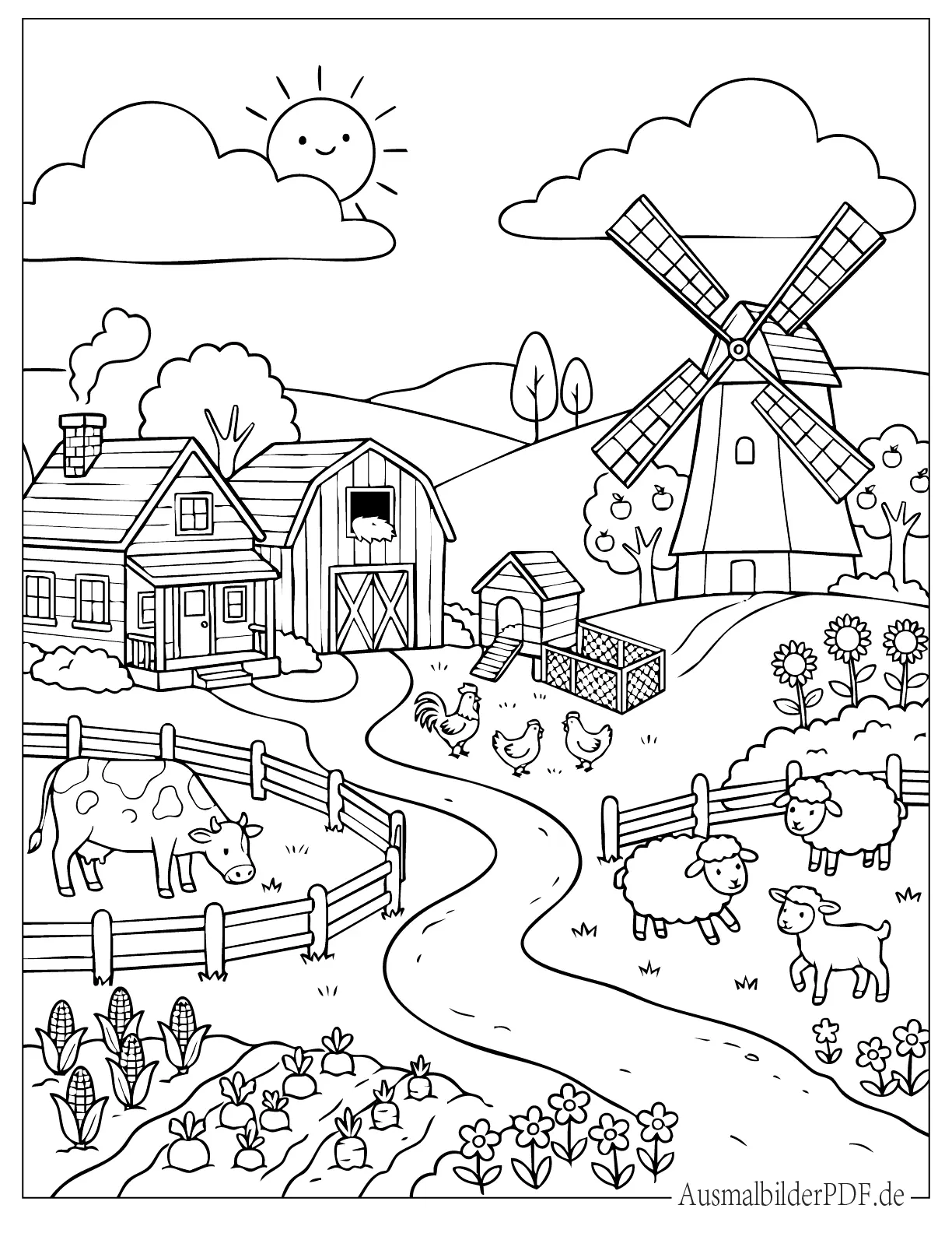 30+ Bauernhof Ausmalbilder (Gratis Malvorlagen zum Drucken) Ausmalbild Bauernhof mit Windmühle und Tieren