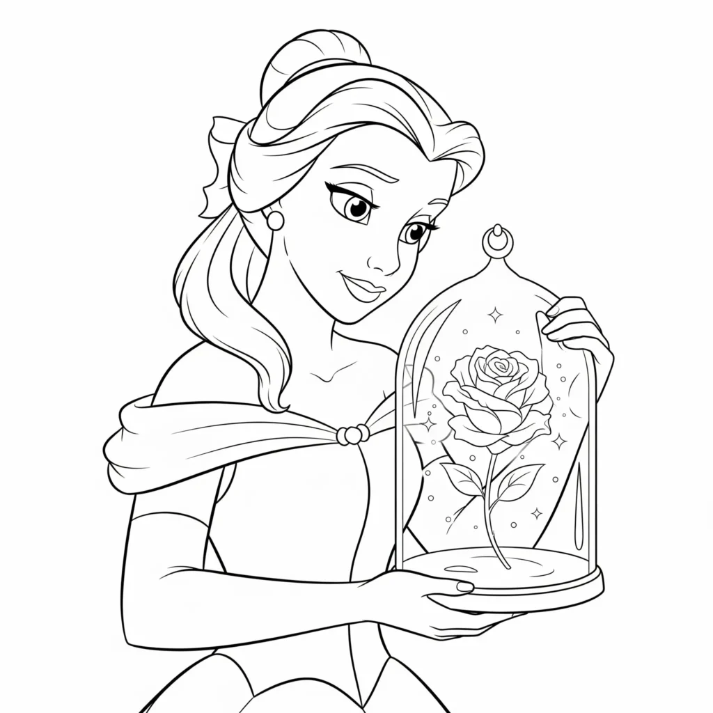 Belle Ausmalbilder (Disney Prinzessin Malvorlage Drucken) Dieses Ausmalbild zeigt Belle die eine Rose in der Hand hält und sanft auf die Blume schaut eine zauberhafte Märchenszene zum Ausmalen die Kinder begeistert