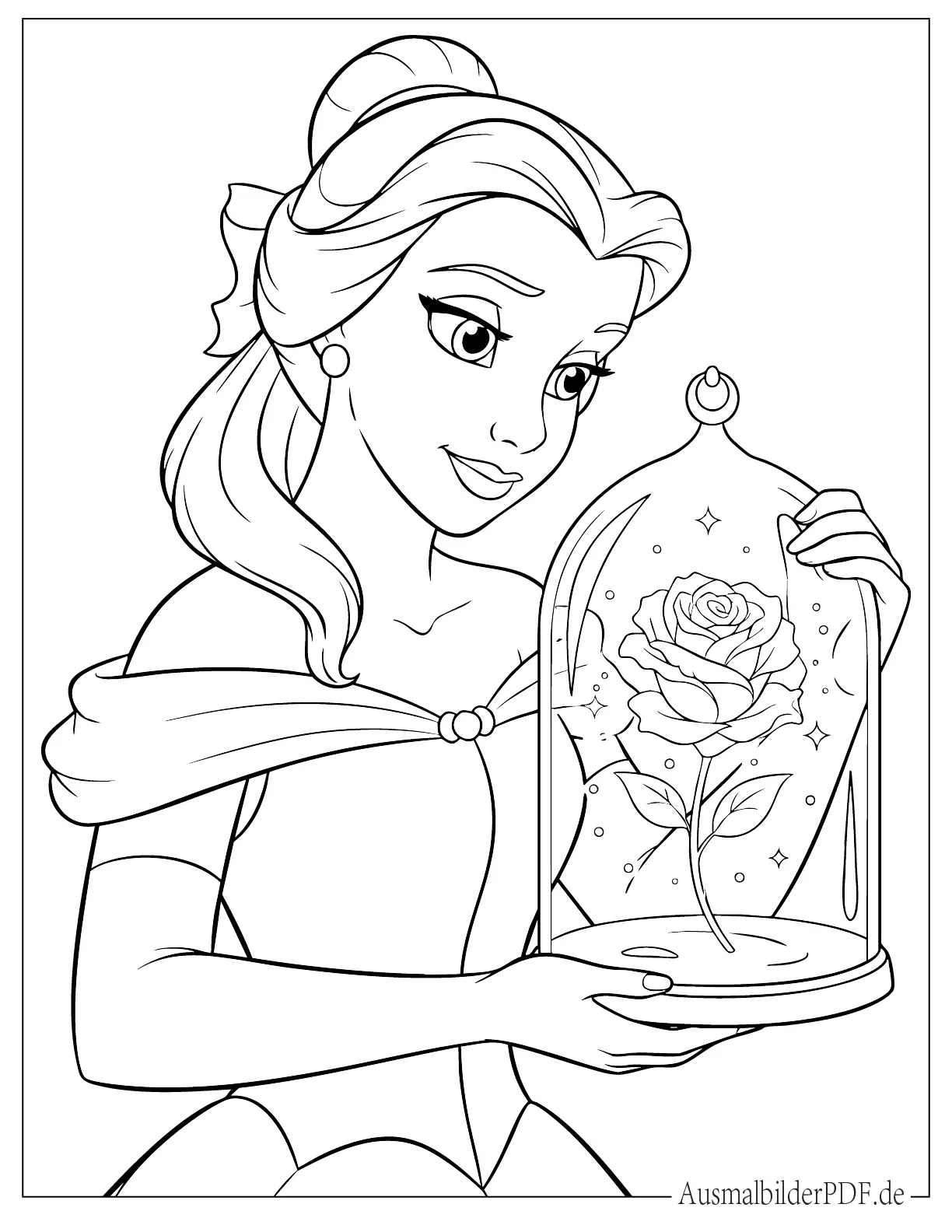 Prinzessin Bella hält eine Rose im Glas Malvorlage