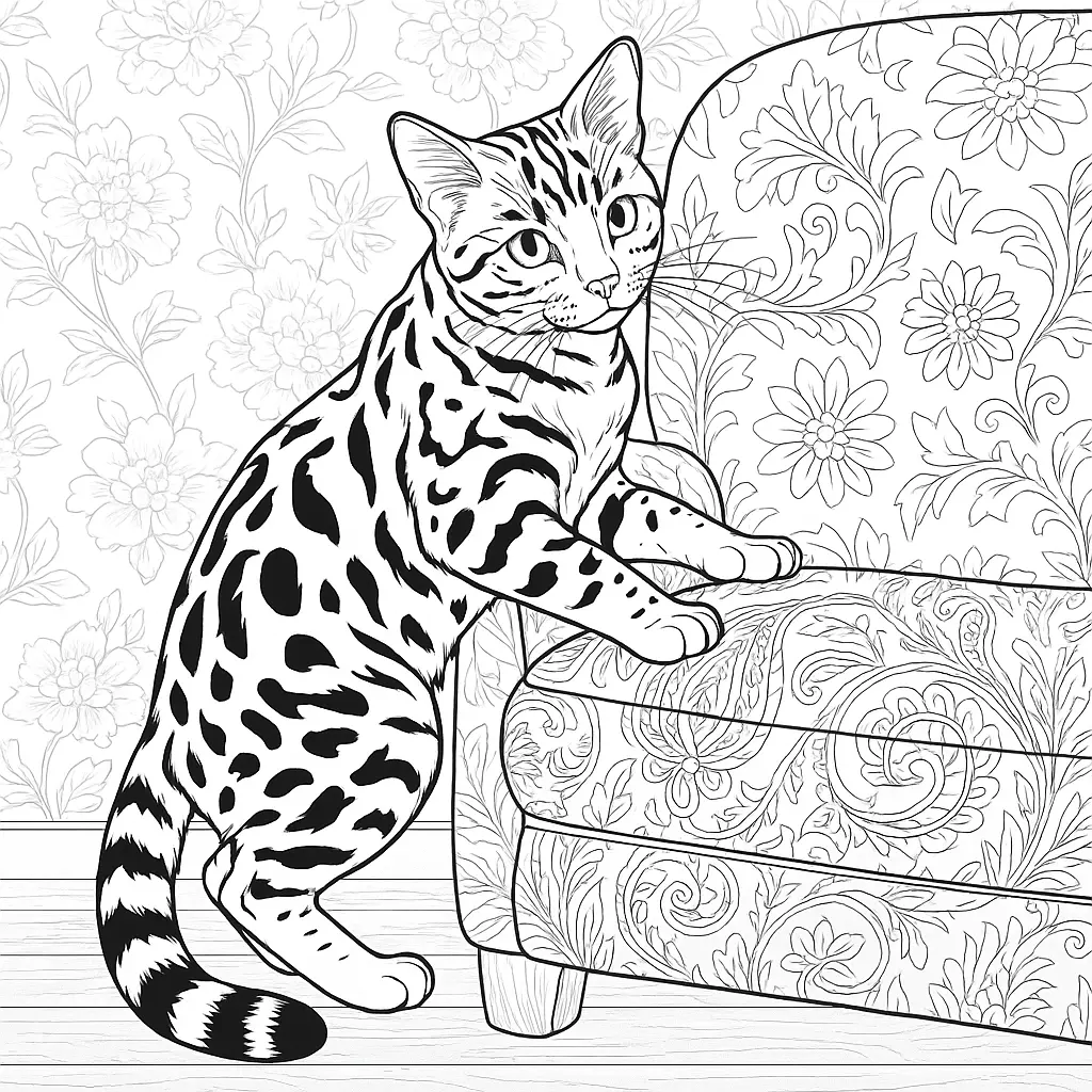 Ausmalbild einer Bengal-Katze, die auf ein verziertes Sofa mit floralen Mustern klettert
