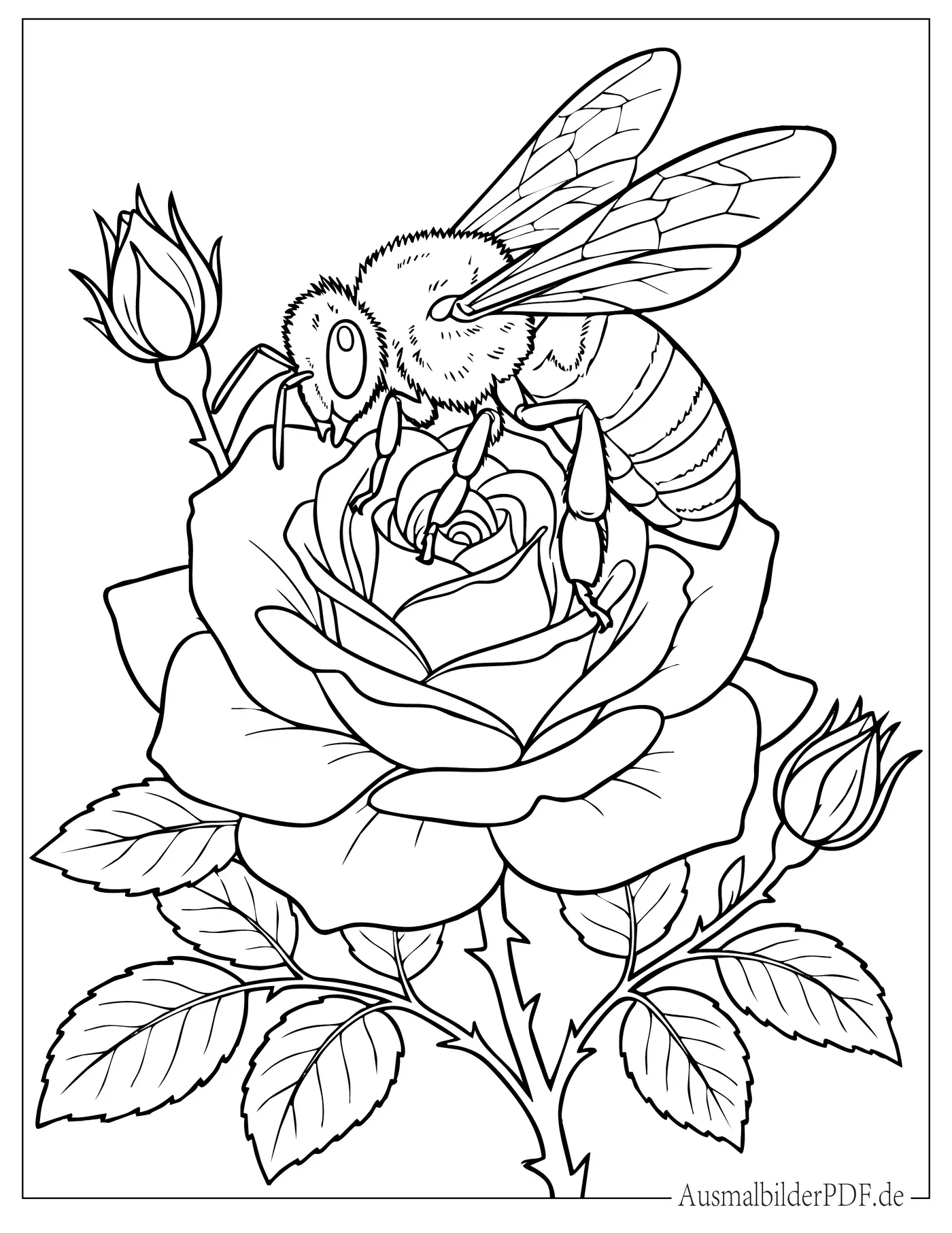 Ausmalbild Biene sitzt auf einer Rose