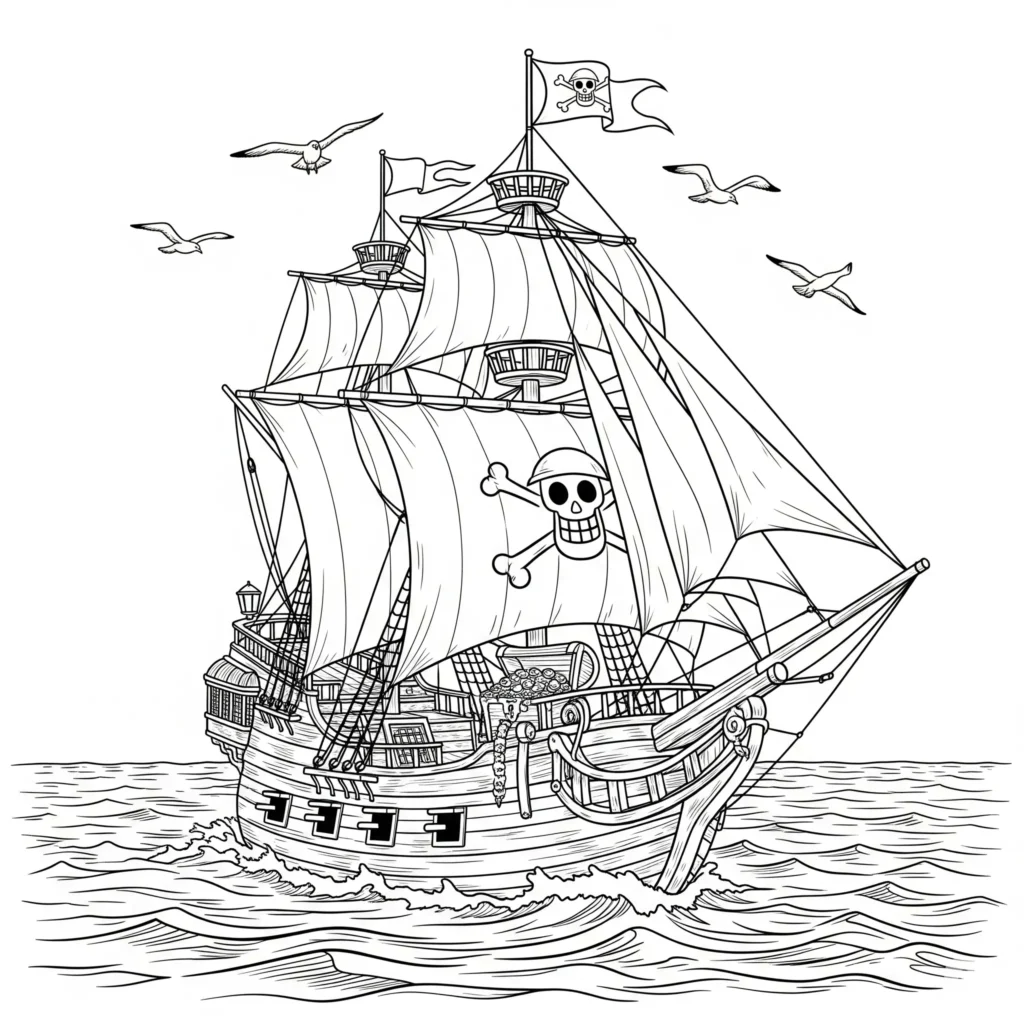 Boot Ausmalbilder (Kostenlos Malvorlage zum Ausdrucken) Piratenschiff als Boot Ausmalbild mit Segeln Fahne und Holzrumpf auf dem Meer zum kreativen Ausmalen für Kinder